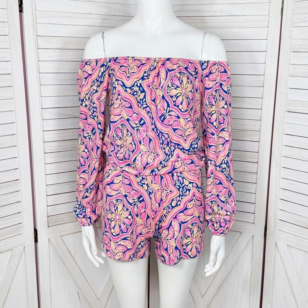 Lilly Pulitzer Lana Off The Shoulder Long Sleeve Shorts Romper Pink Blue XS